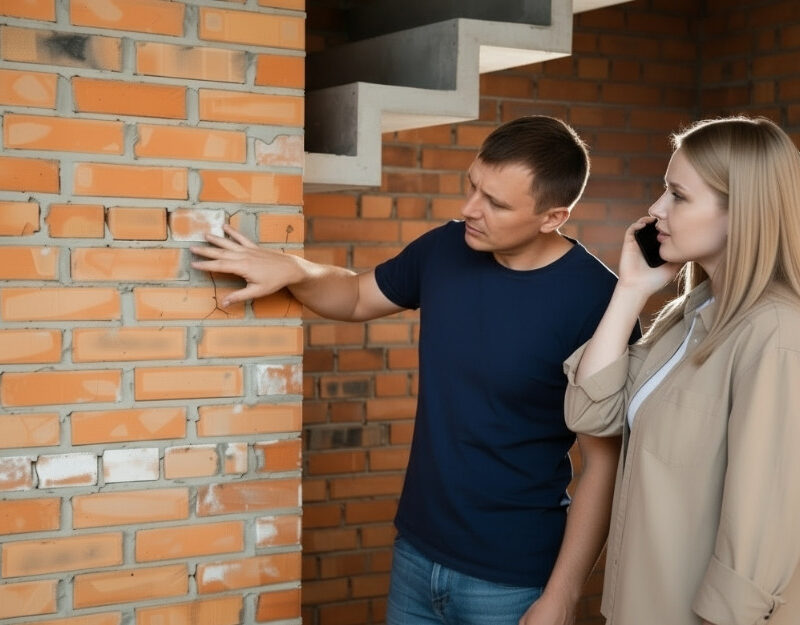 Couple inspecting a defective building work at home