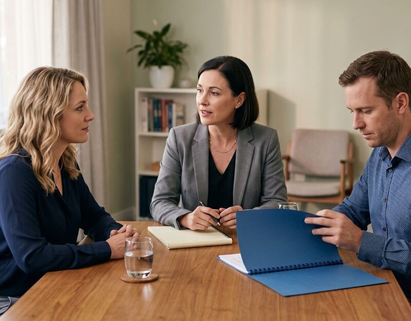 Separated couple in a calm mediation meeting discussing their property settlement time limits