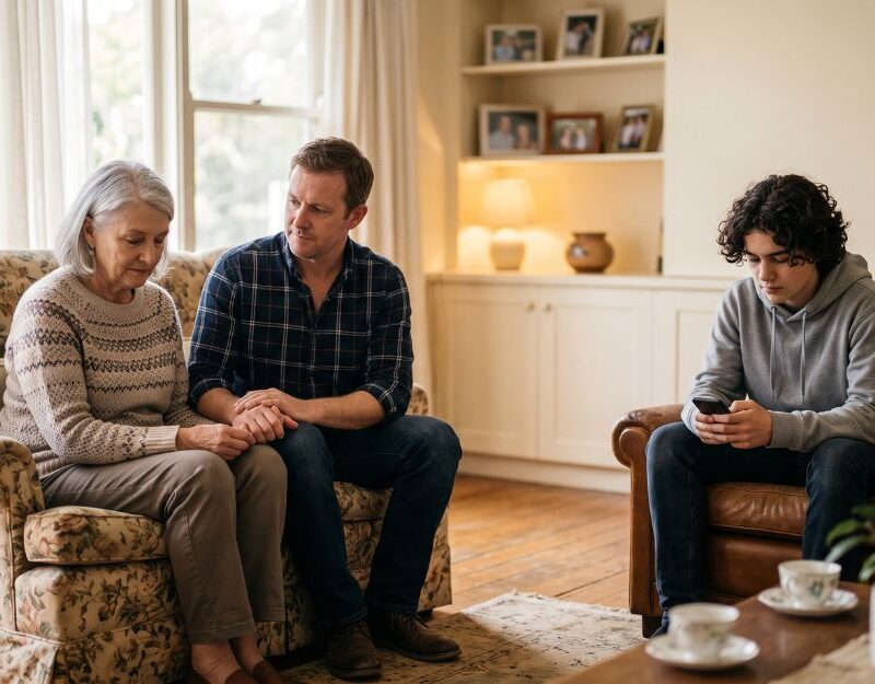 Multi-generational family sitting together at home, illustrating the uncertainty of dying without a will in Queensland