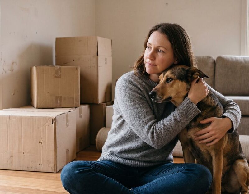 Woman cuddling her family dog among packed boxes, wondering who keeps the pet after separation